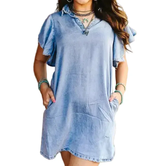 Denim Ruffle Detail Casual Dress