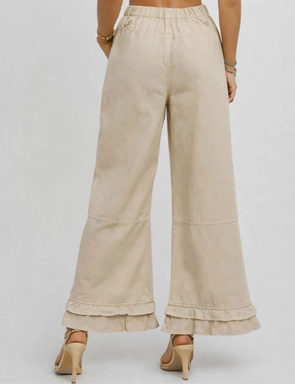 Ruffle Hem Jeans Elastic Waist Wide Leg Denim Pants