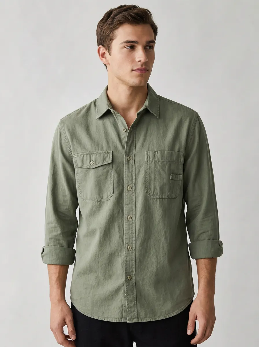 Men's Olive Green Utility Button-Down Shirt - Design E