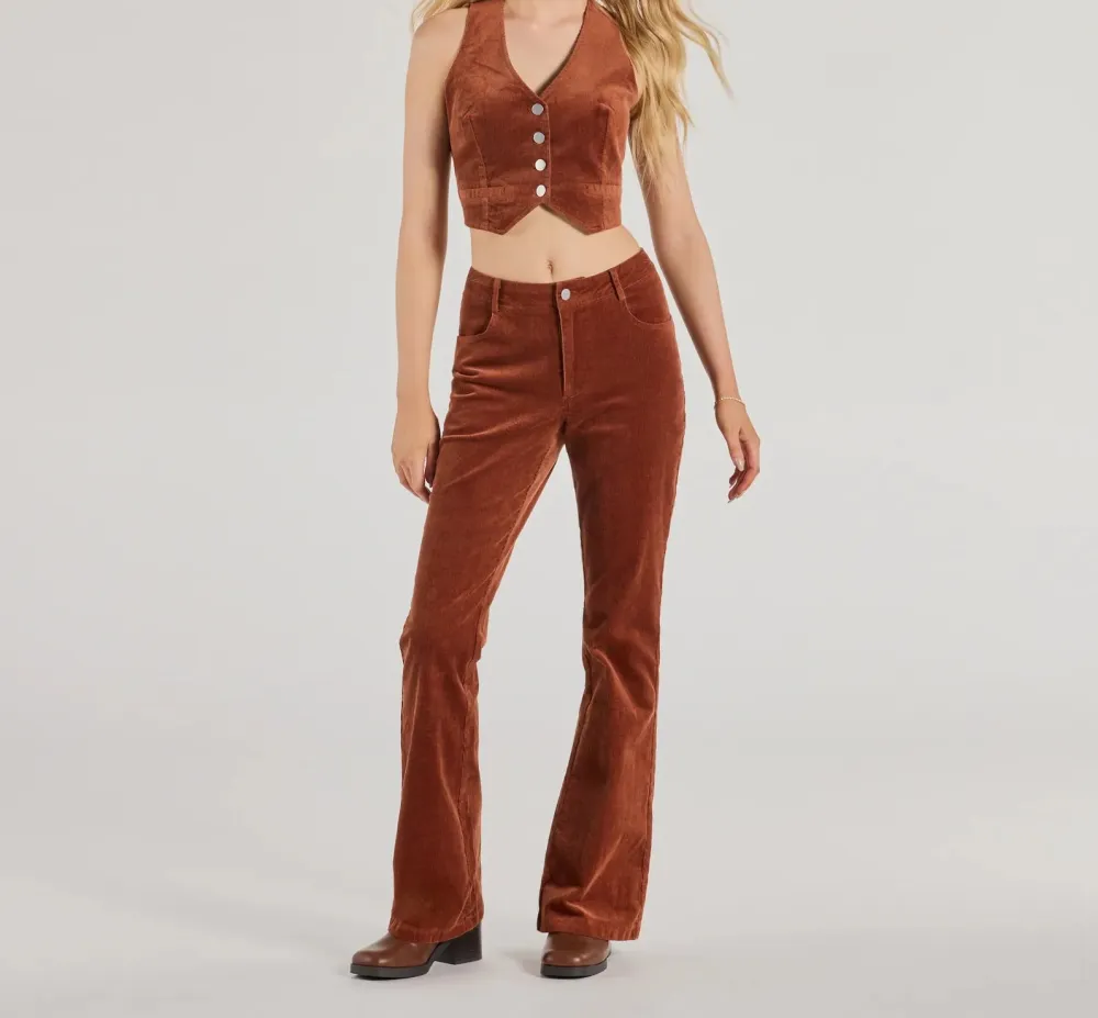 Rust Corduroy High-Rise Straight-Leg Pants