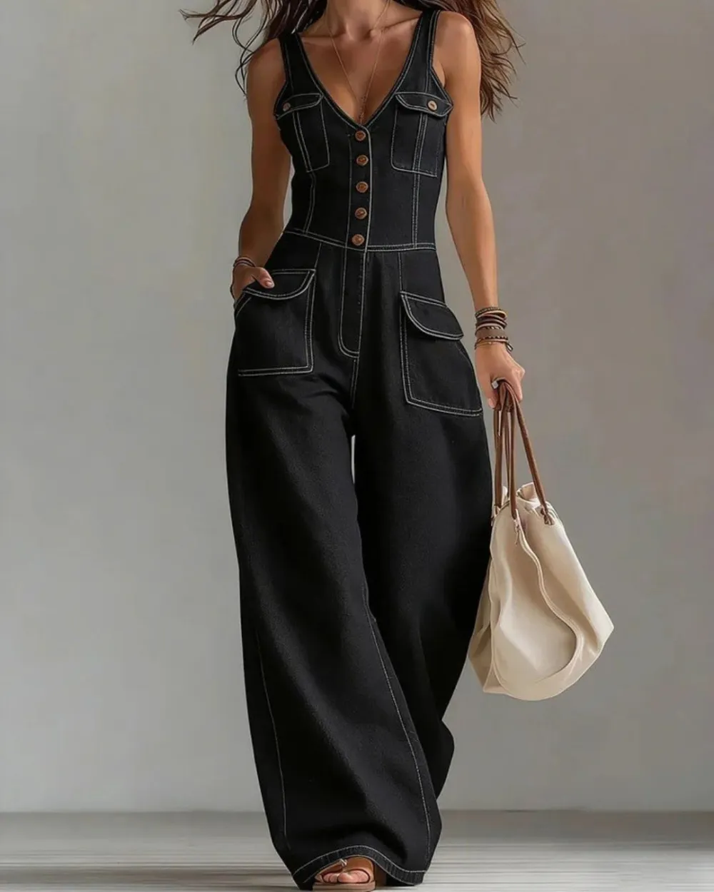 Washed Denim Loose-Fit Sleeveless Jumpsuit