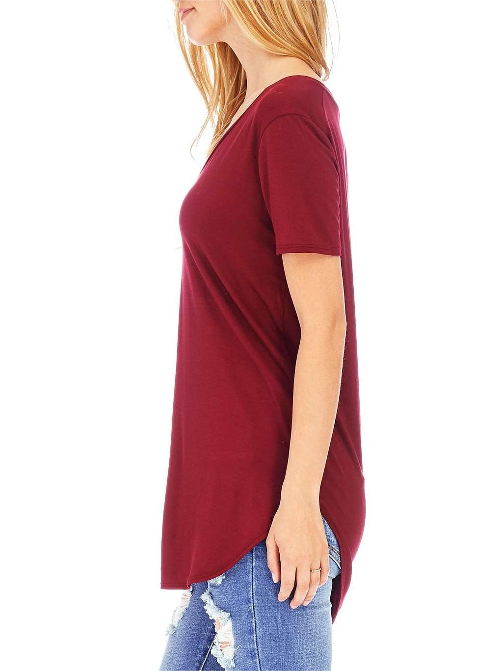 Burgundy Round - Hem V - Neck T - Shirt