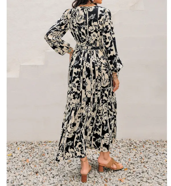 Smocked Printed Tie Neck Long Sleeve Dress
