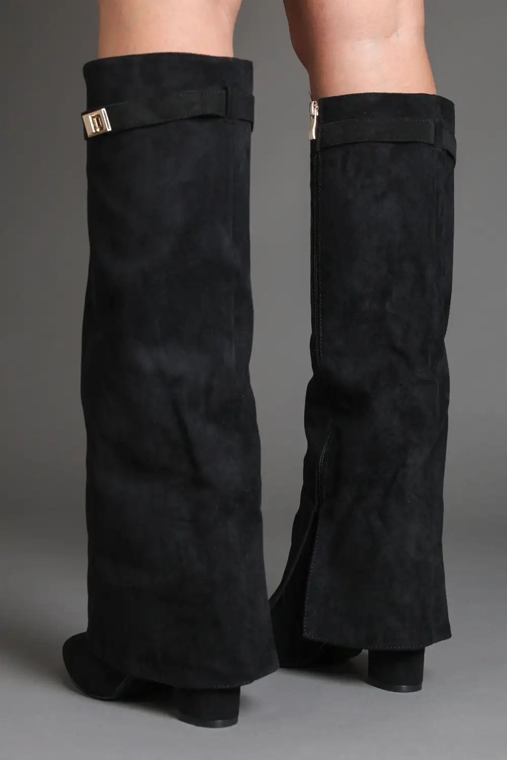 Classic Western Slouch Fold-Over Buckle Detail Knee High Boots