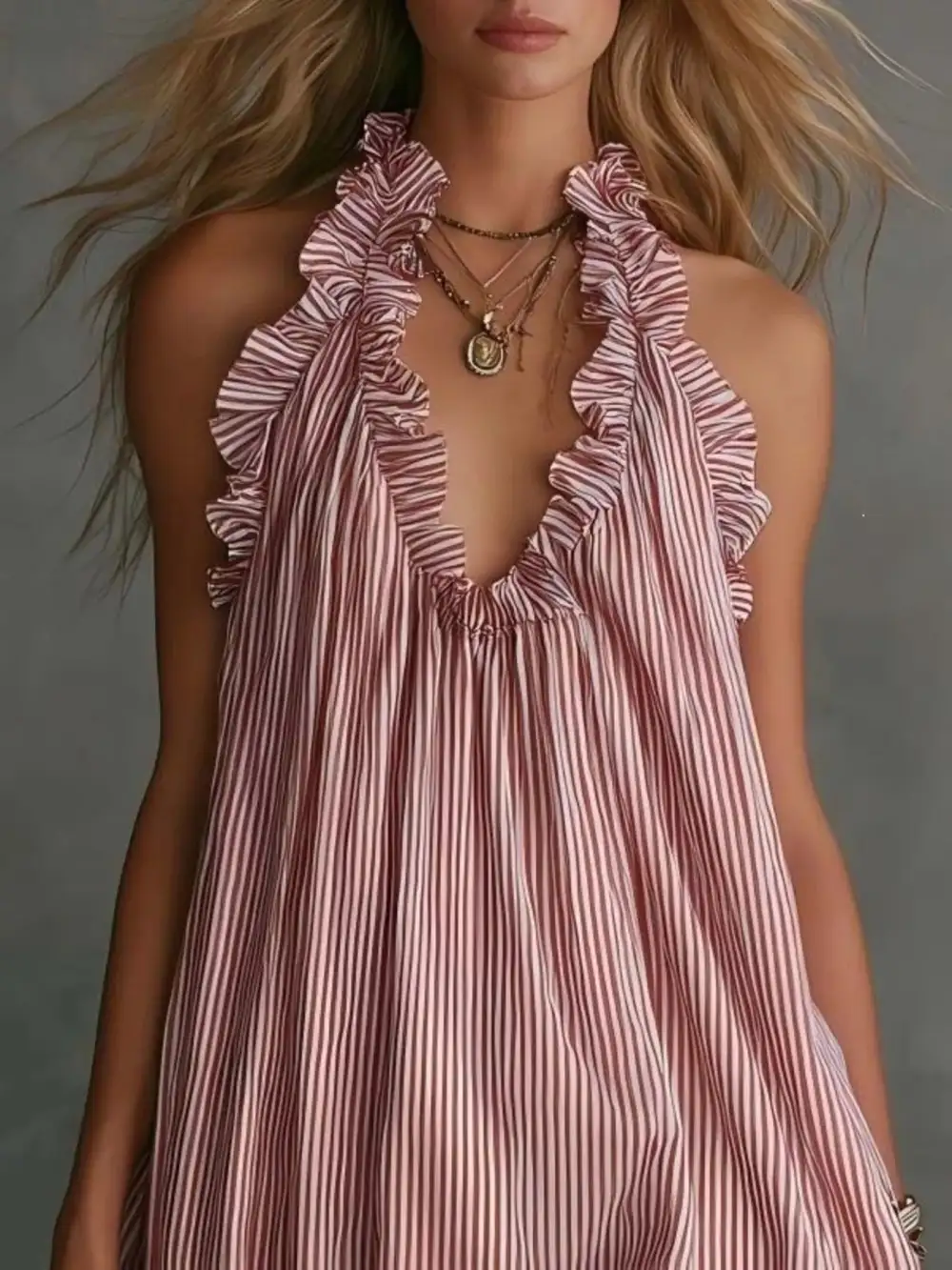 Ruffled Trim Halter Neck Mini Dress