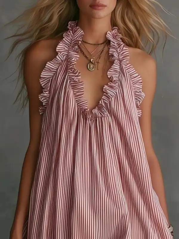 Ruffled Trim Halter Neck Mini Dress