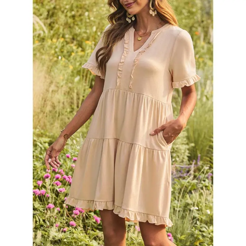 Womens Dresses 2025 Summer Spring V Neck Ruffle Short Sleeve Casual A-Line Flowy Swing Shift Dress Mini Dress