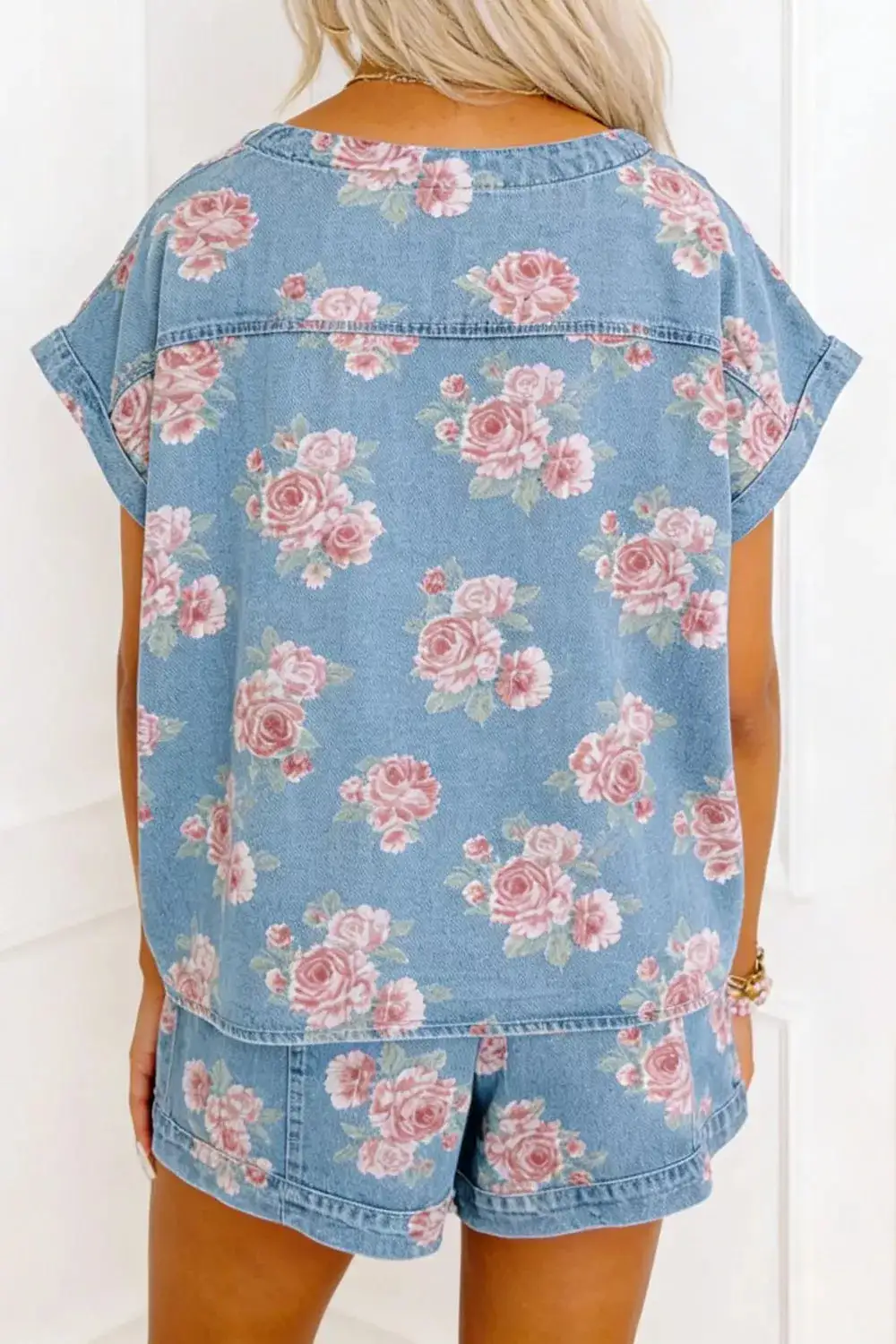 Denim Cotton Floral-Print Top and Shorts Matching Set
