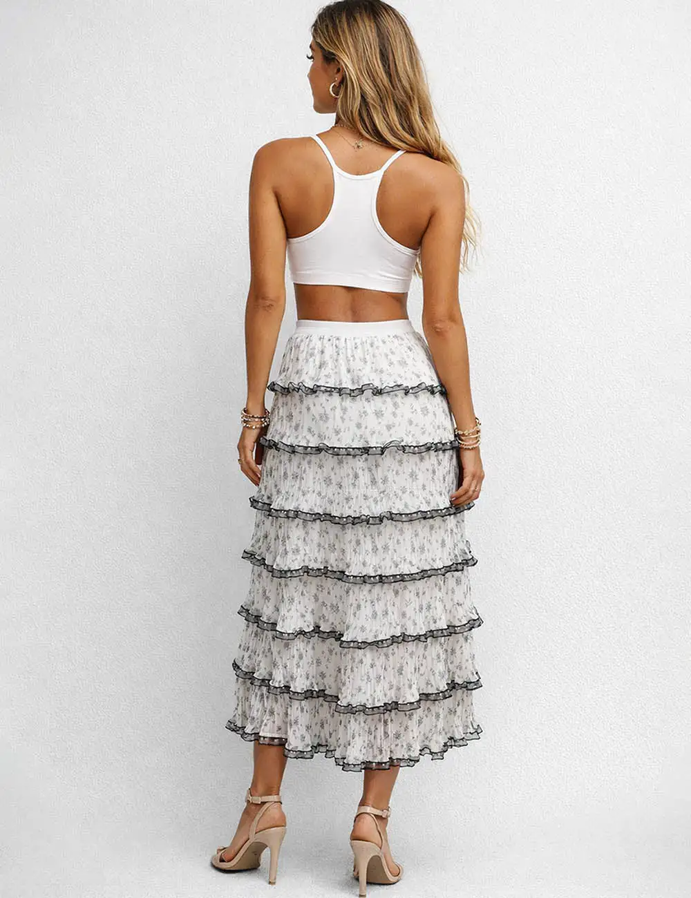 Color Block Tiered Ruffle Hem Mesh Maxi Skirt