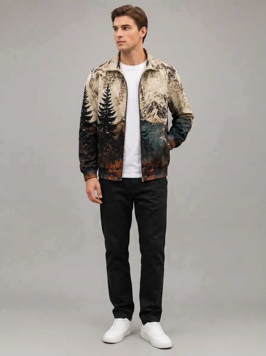 Men's Landscape Print Zip-Up Jacket with All-Over landscape graphic print featuring trees and mountain scenery