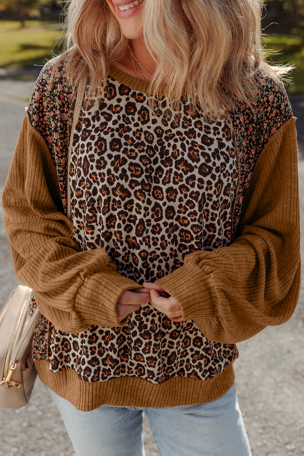Women's Leopard Print Floral Print Ribbed Pullover Top