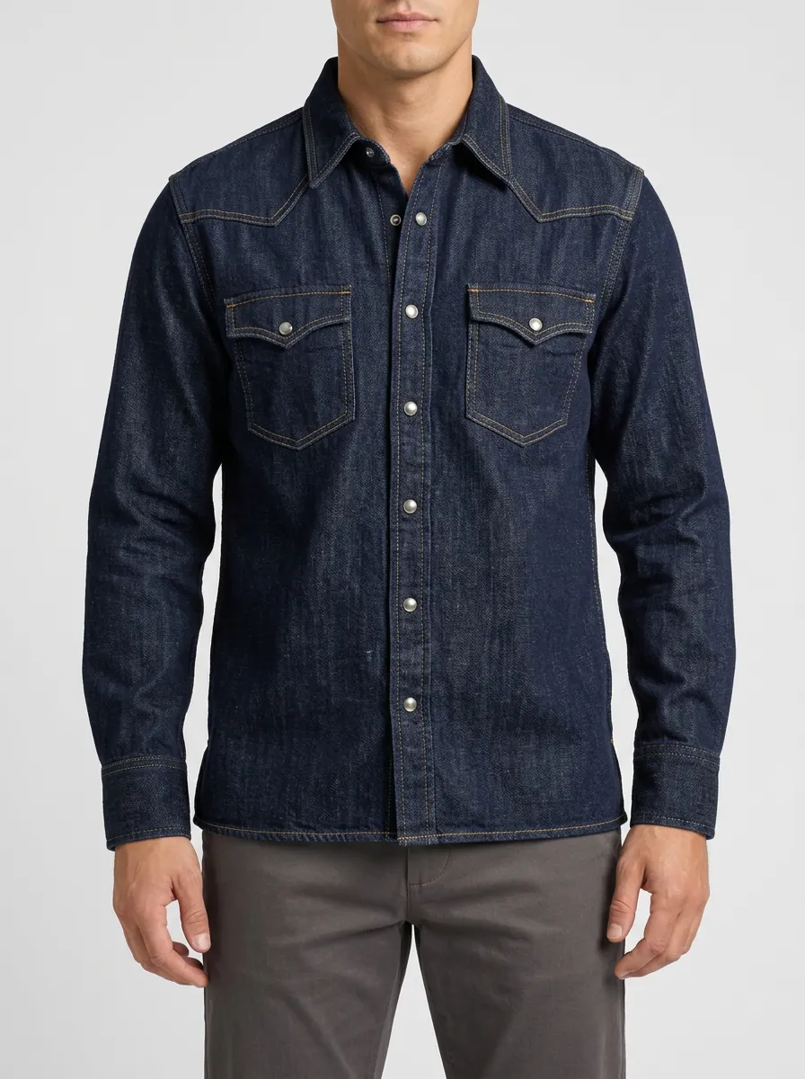 Western-Style Snap-Front Denim Shirt with Classic Styling