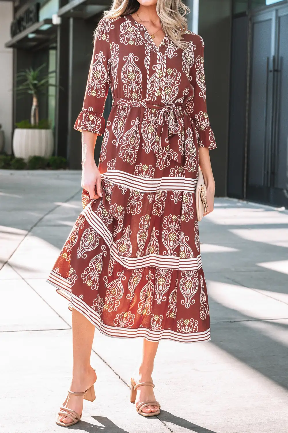 Floral Striped Tie Waist Maxi Dress