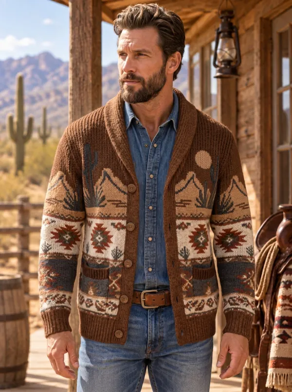 Dusty Trail Cactus Desert Southwestern Country Style Men's Western Cardigan