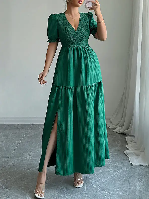 Front Pleated Neck Maxi Dress