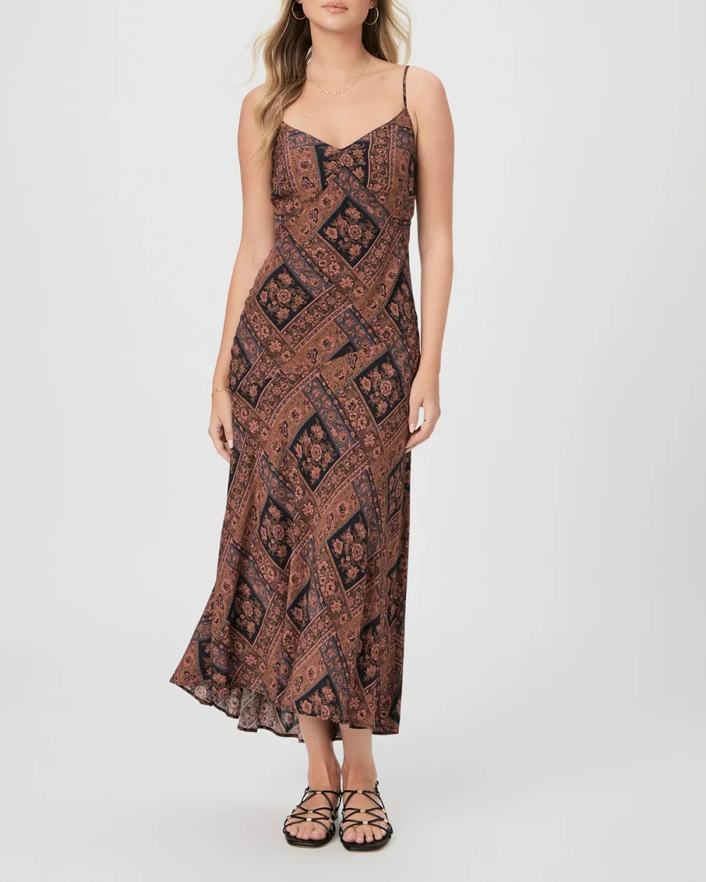 Brown And Black Geometric Print Spaghetti Strap Midi Dress