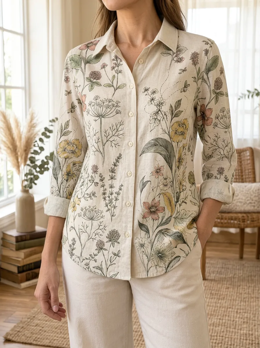 Women's Botanical Garden Lover Wildflower Printed Shirt