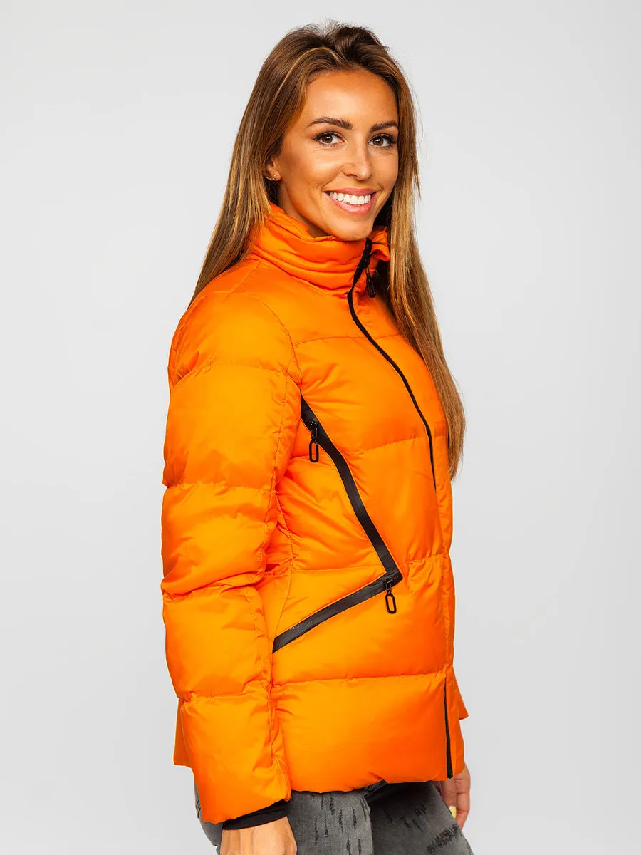 women's orange quilted winter jacket without hood