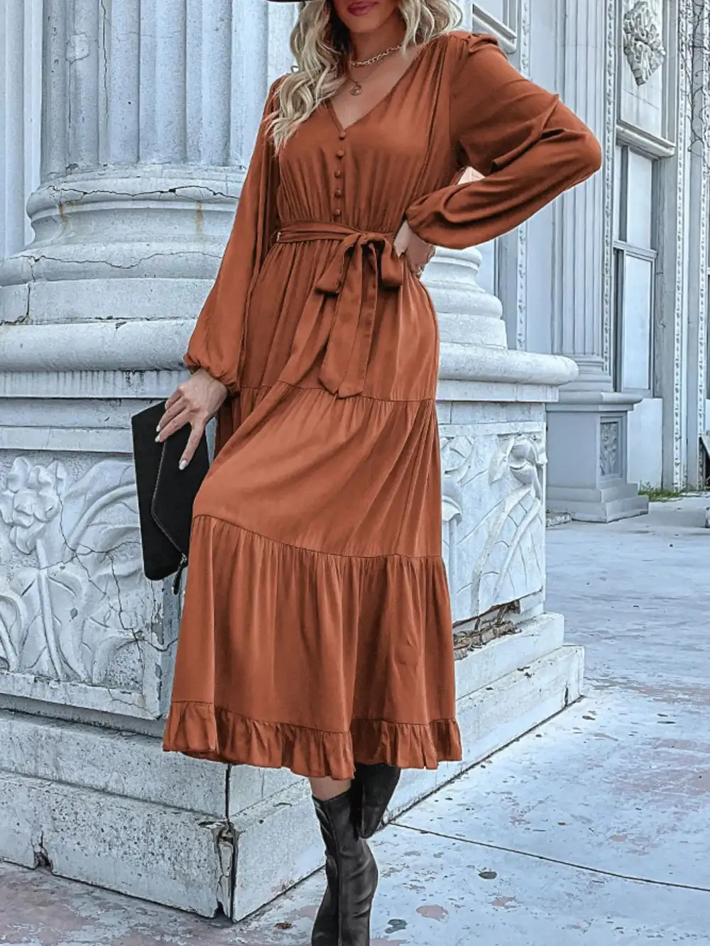 Smooth Finish V Neck Ruffle Dress