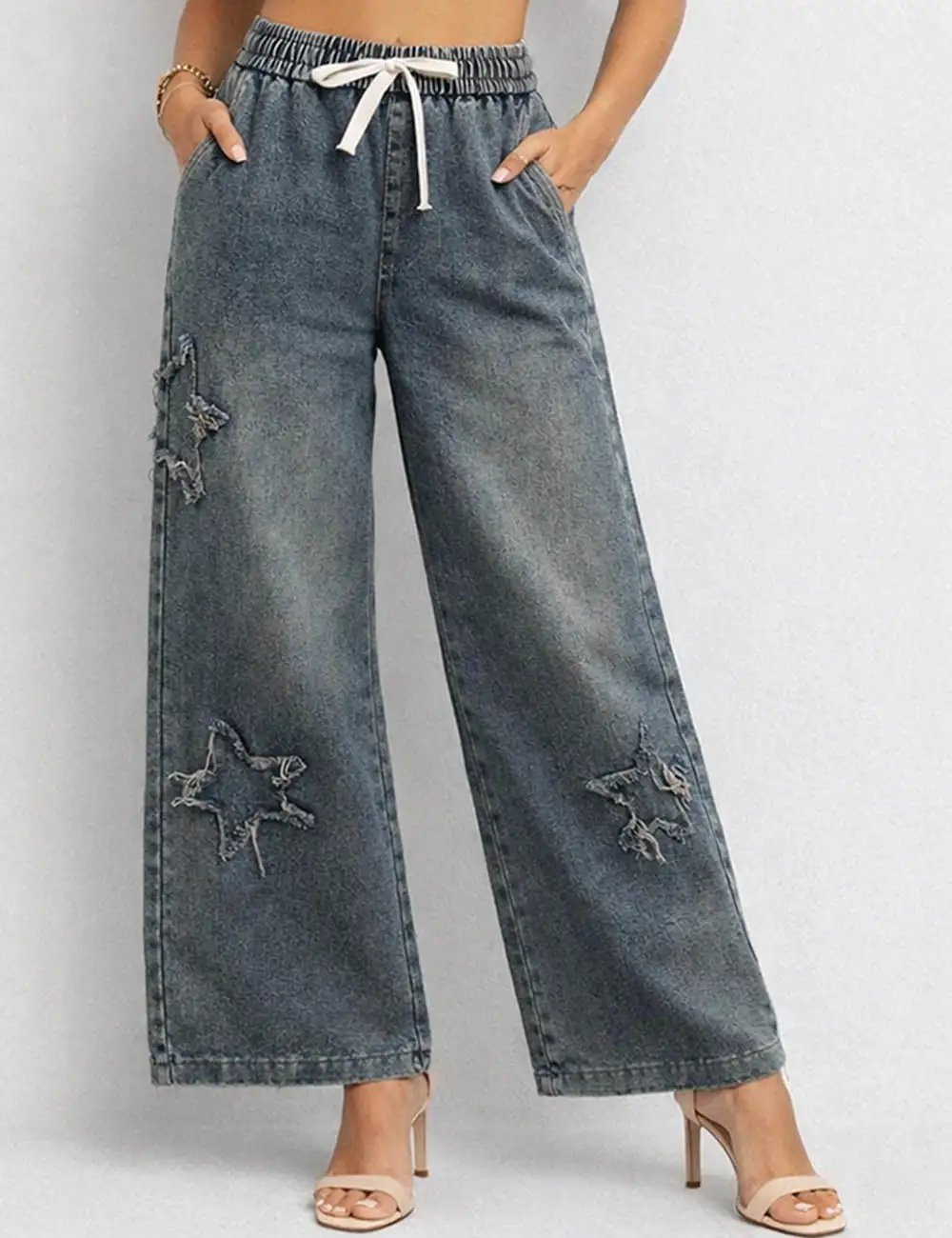Star Distressed Drawstring Waist Wide Leg Denim Pants