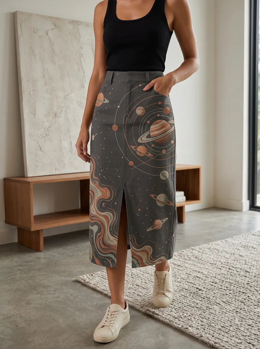 Women's Modern Celestial Print Midi Skirt