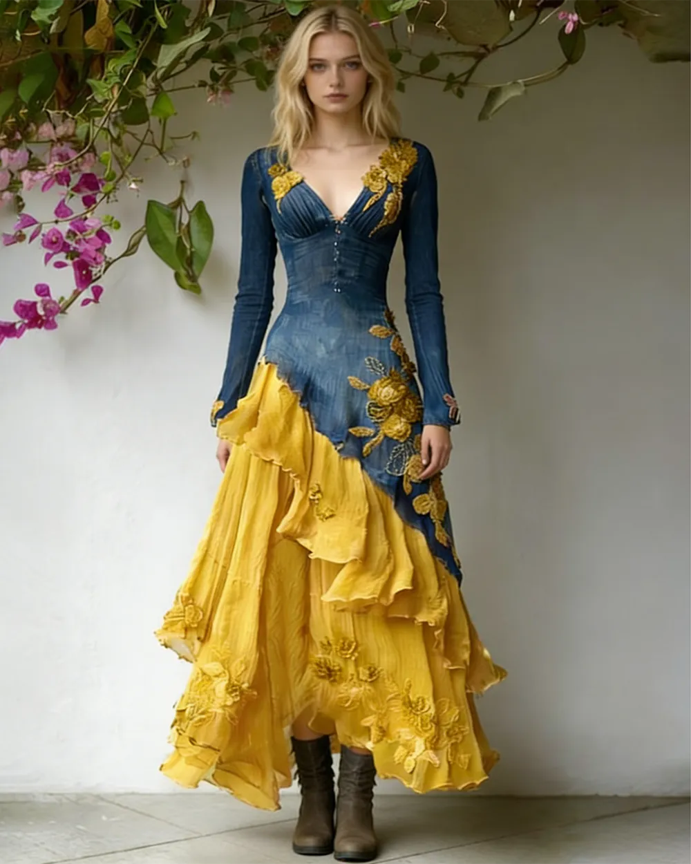 Women's Spring Elegant Flowers Irregular Ruffle Linen Dress