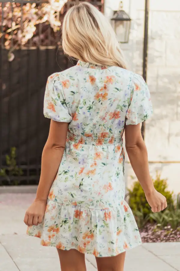 Print Shirred High Waist Puff Sleeve Mini Dress