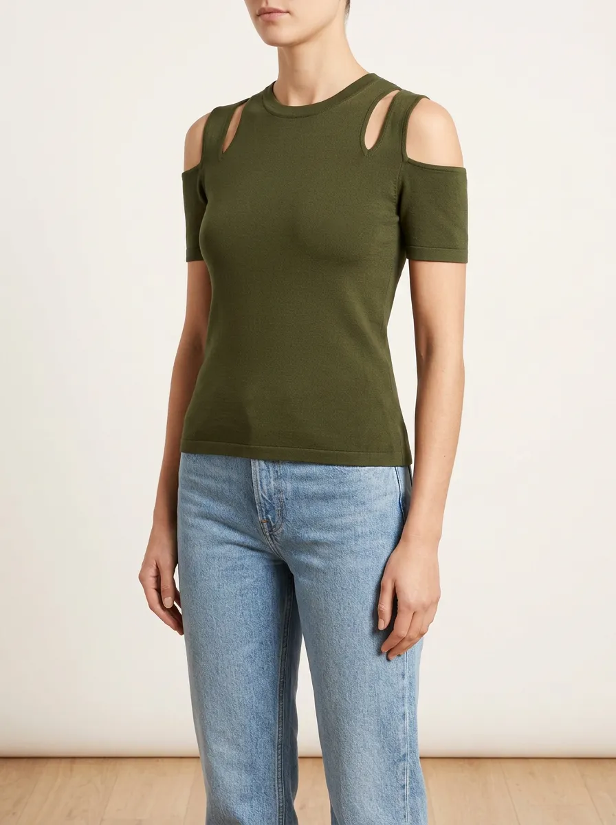 Women's Olive Green Cutout Shoulder Short Sleeve Top