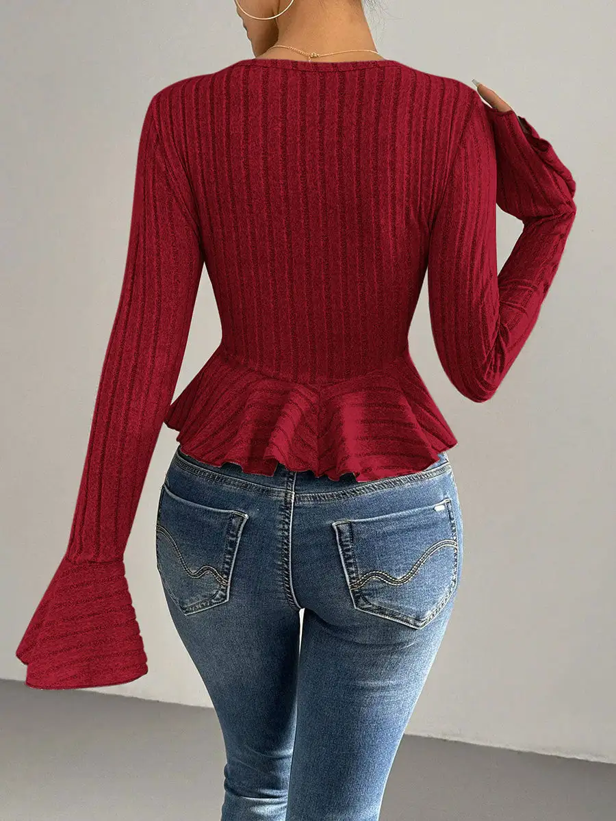 Flared Sleeve Long Sleeve Button Detail Ruffle Panel Detail Deep V-Neck T-Shirt