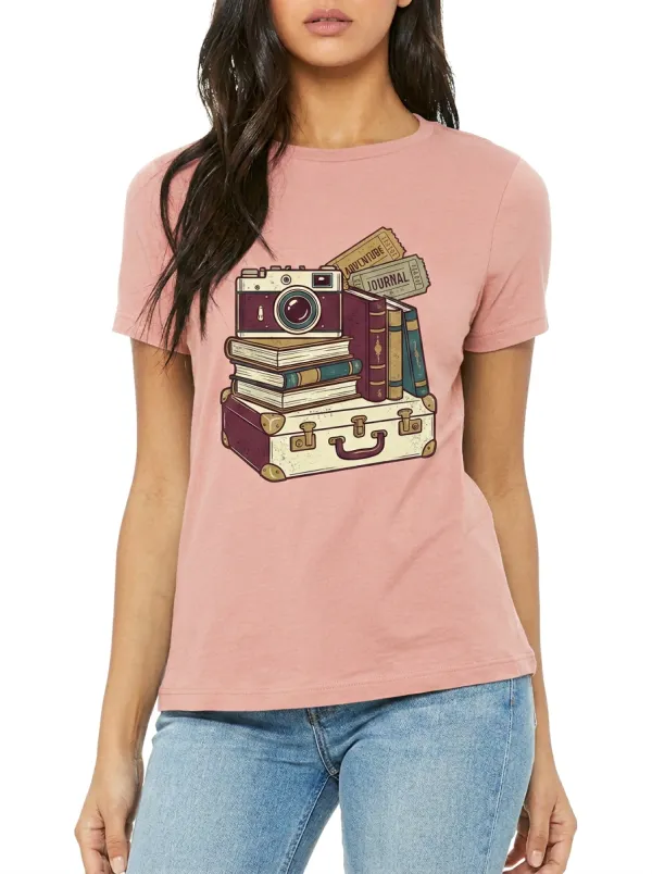 Women's Travel Camera Books Suitcase Graphic Crewneck T-Shirt