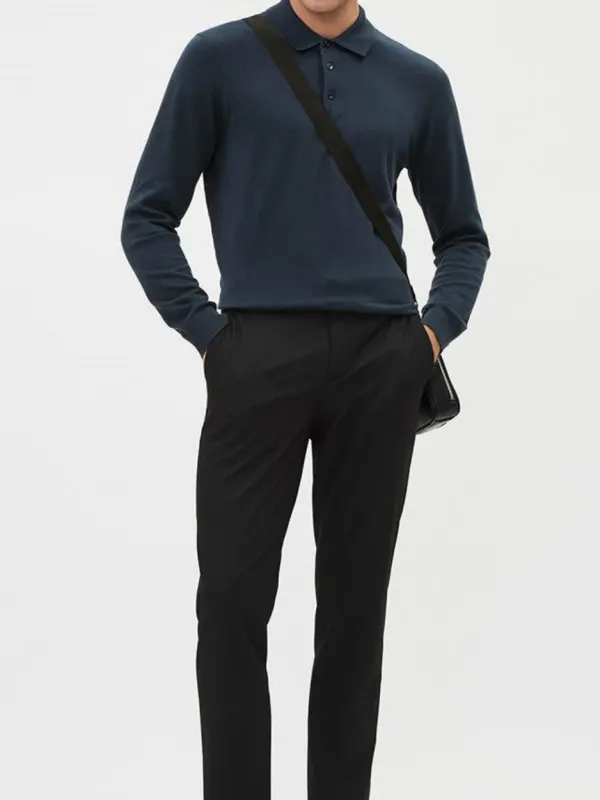 Inky Blue Cotton Long-Sleeve Polo Sweater