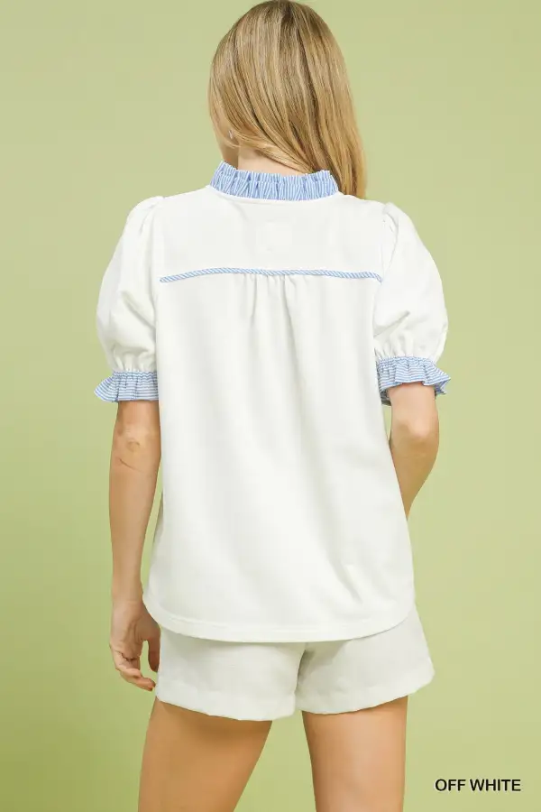 Modern French Terry Ruffle Trim Puff Sleeve Top