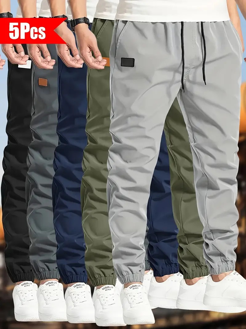 5pcs Men’S Solid Color Drawstring Jogger Pants – Polyester – Casual – Non-Stretch – Regular Length – Loose Fit – 150g/m2 – Woven Fabric – for Hiking & Outdoor