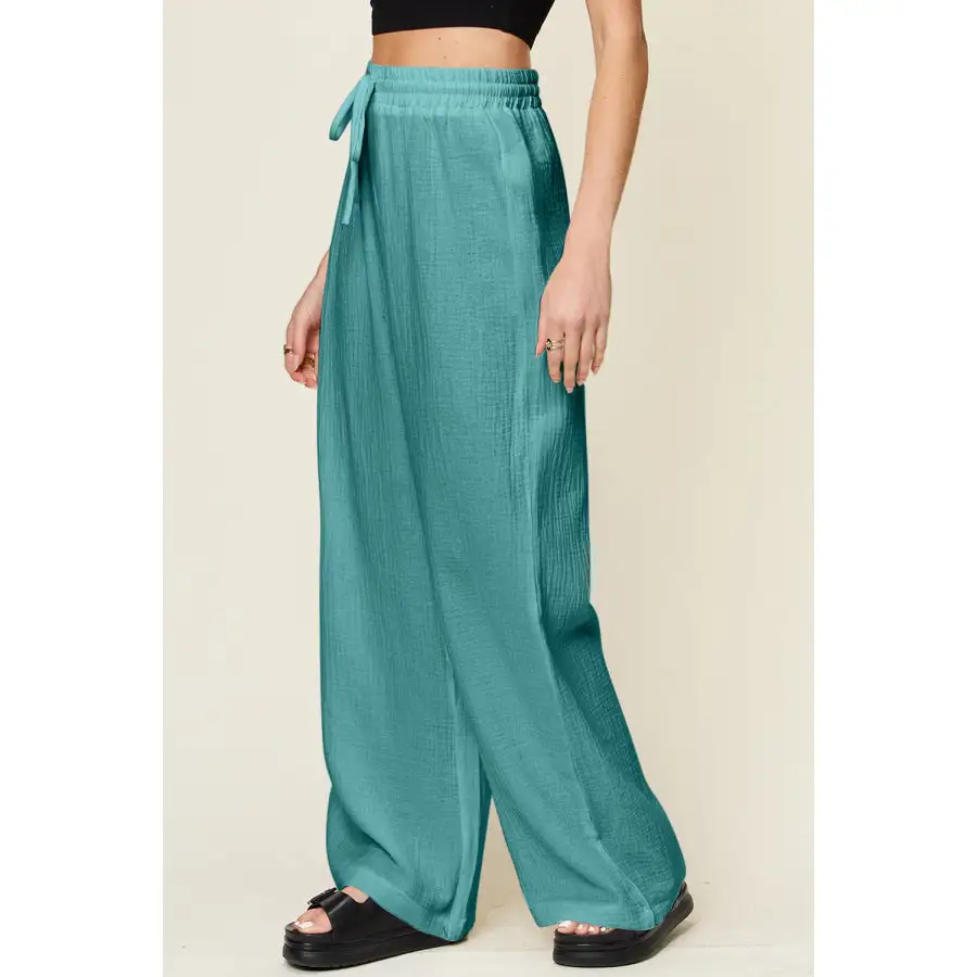Full Size Texture Drawstring Wide Leg Pants