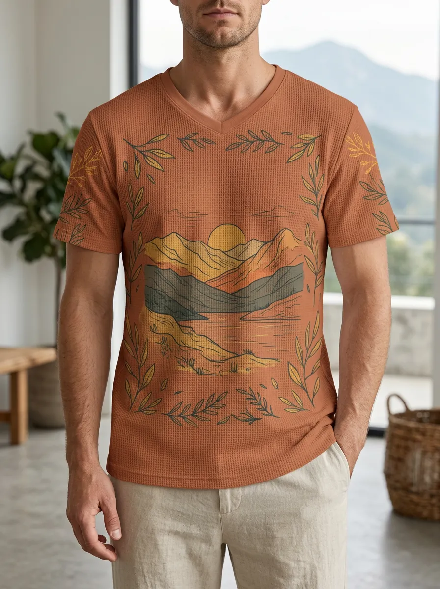 Men's Nature Lover Mountain Sunset Leaf Frame Printed V-Neck T-Shirt