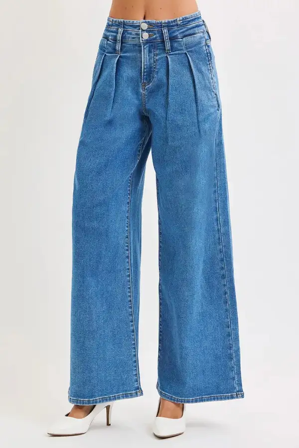 Mid Rise Pleated Wide Leg Jeans