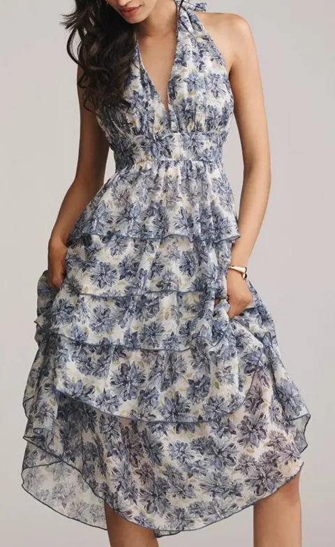 Blue Floral Tiered Maxi Dress