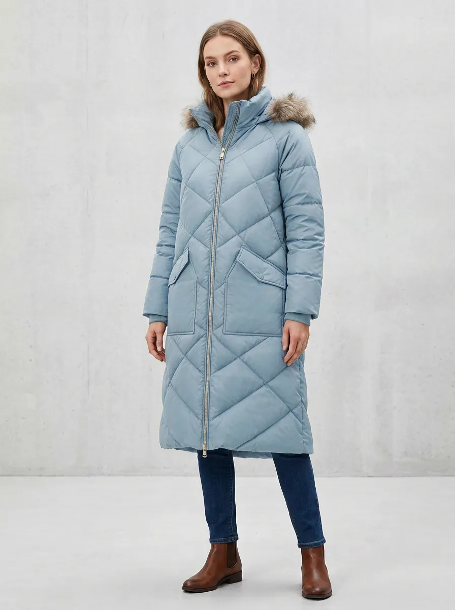 Structured Faux-Fur Puffer Long Hooded Coat