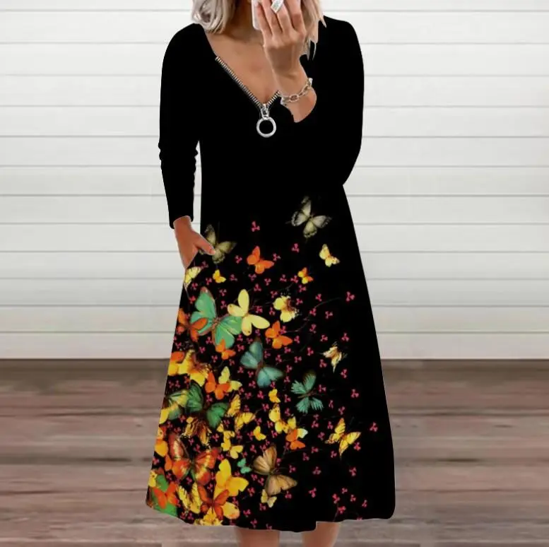 Zipper Printed V-Neck Long Sleeve Dress
