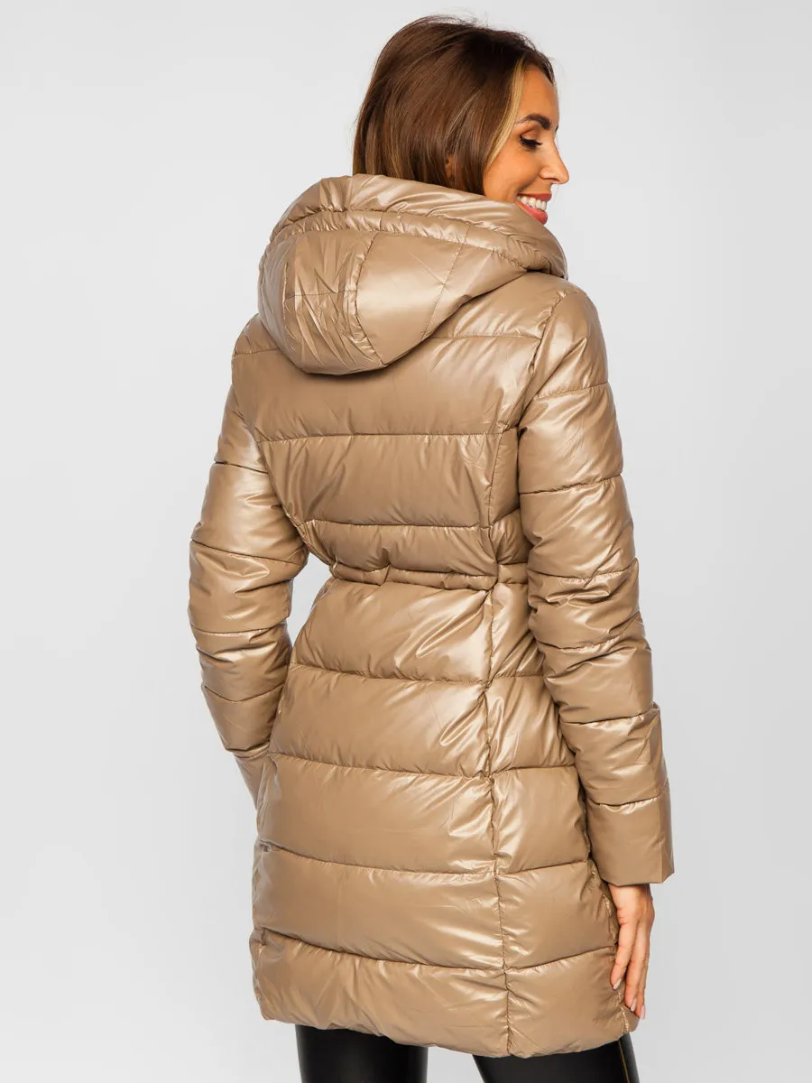 Beige long double-sided quilted winter jacket with hood for women