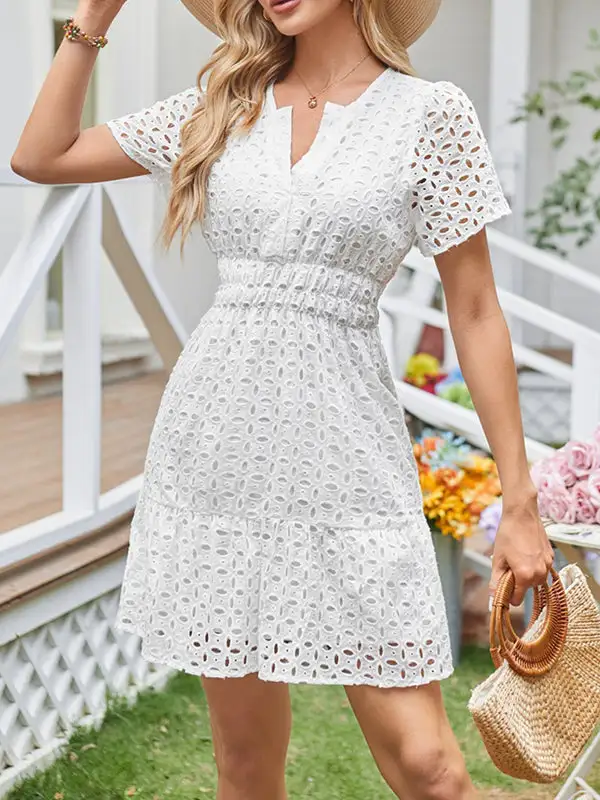 A Line Relaxed Elasticity Hollow Pleated Solid Color Split Joint V
