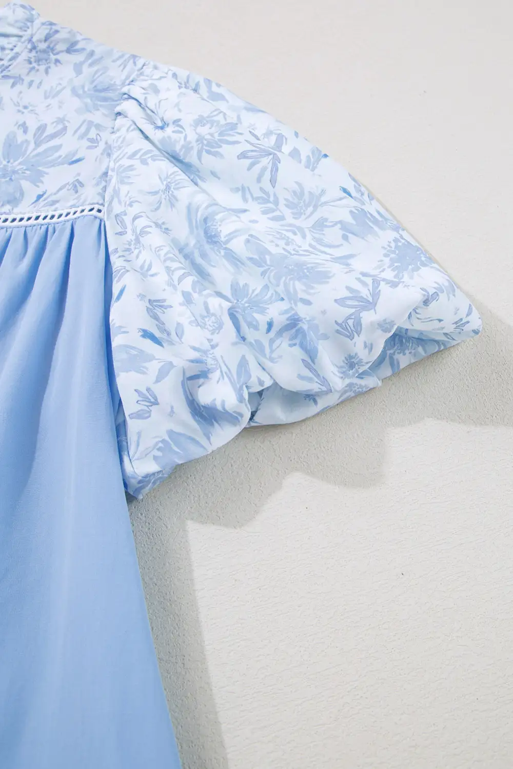 Blue Lace Insert Floral Puff Sleeve Patchwork Loose Blouse