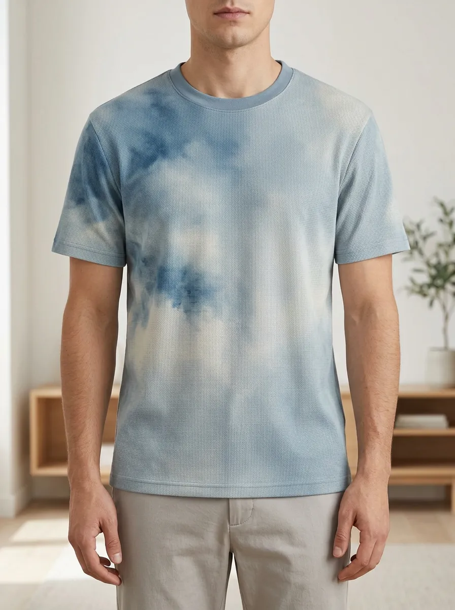 Men's Tie-dye Waffle Knit Retro Crew Neck T-Shirt