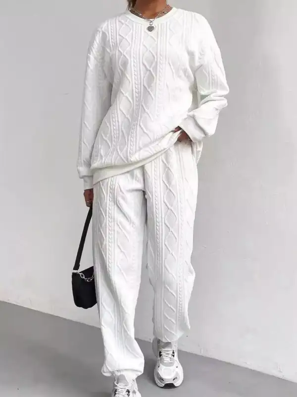 Texture Round Neck Top and Pants Set