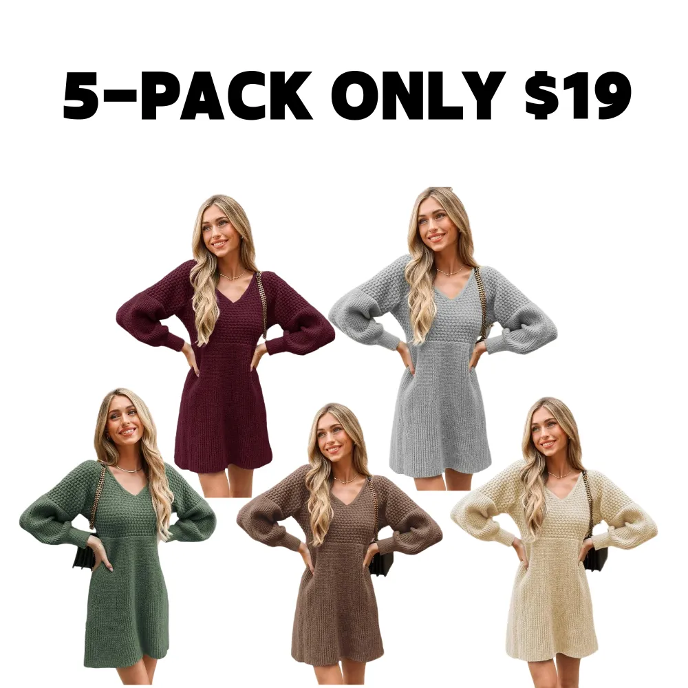 Women's Casual Sweater Dress for Christmas VNeck Honeycomb Long Sleeve Textured Knit Pullover Dresses Womenswear Fall Dress Early Autumn