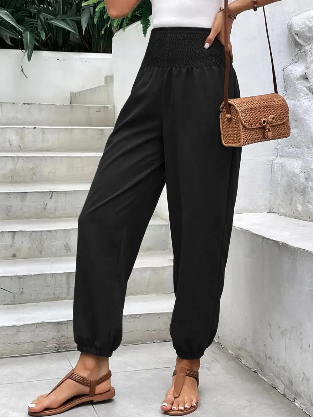 Relaxed Smocked High Waist Pants