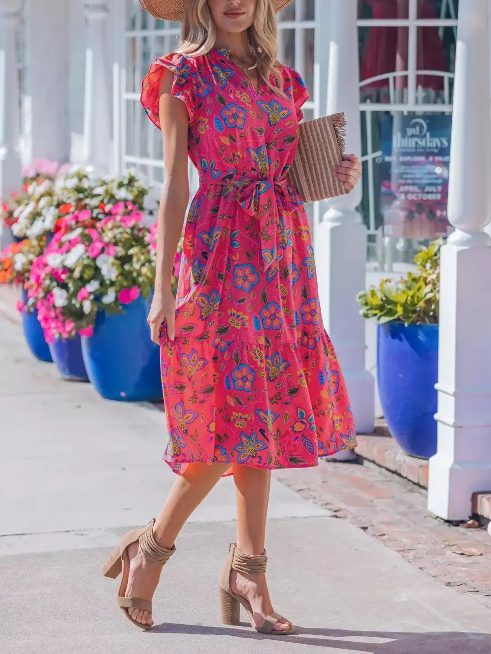 Comfort Fit Floral Tie Waist Flutter Sleeve Dress