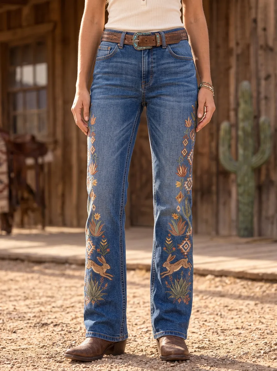 Women's Western Cowboy Floral Embroidery Floral Embroidered Jeans