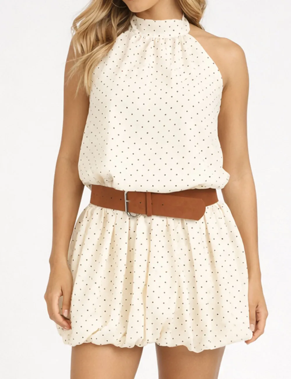 Chic Polka Dot Bubble Hem Halter Belted Mini Dress
