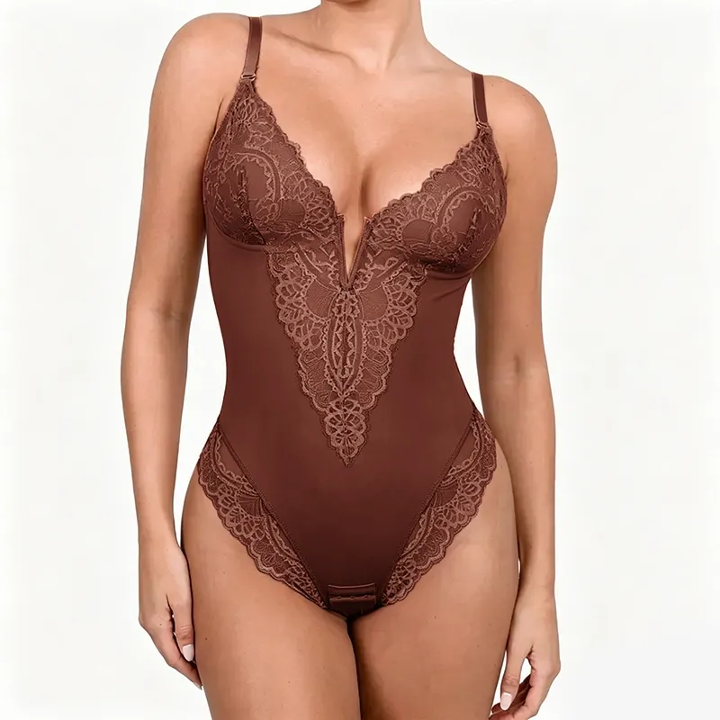 Womens Deep V Lace Bodysuit Built-in Shapewear Breathable Shaping Tops